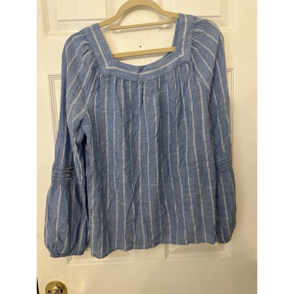 LC Lauren Conrad Blue White Striped Square Neck Balloon Sleeve Blouse L - Picture 2 of 5